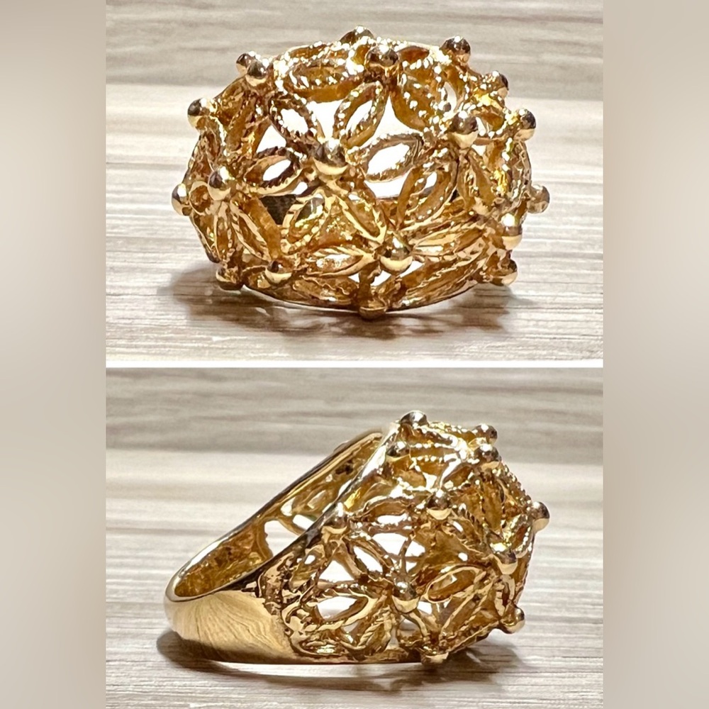 Vintage Designer Signed AVON Gold Tone Floral Filigree Open Ring, Size 6